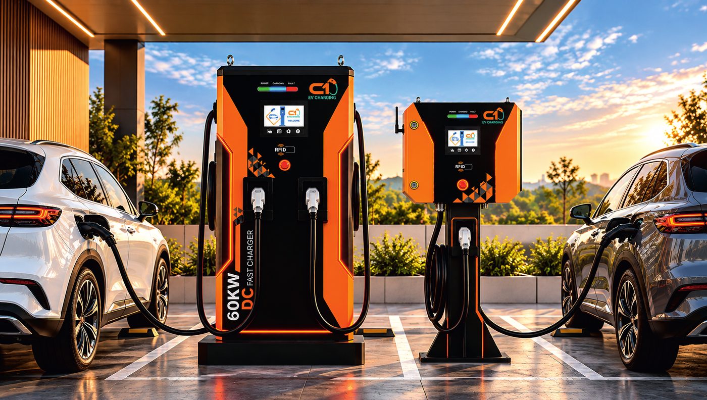 C1 EV chargers lined up at a charging station in India